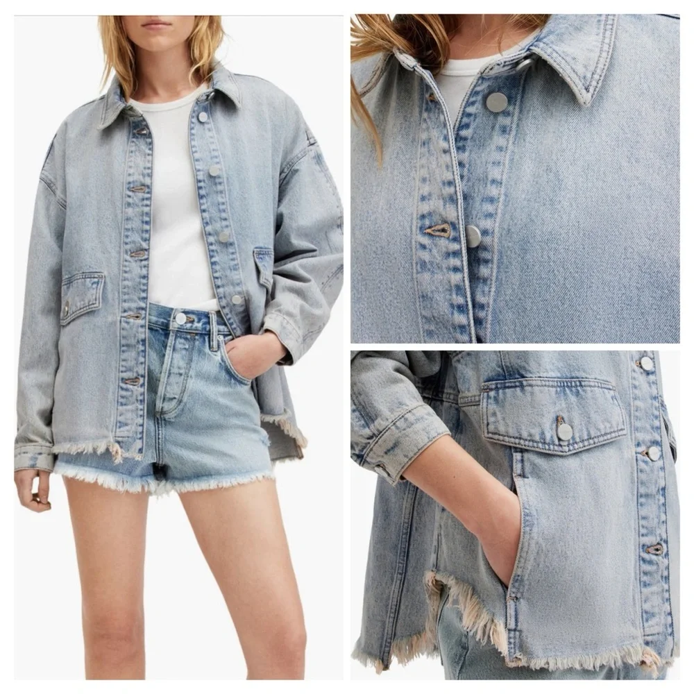 All Saints NWT HETTIE Distressed Oversized Medium Wash Denim Jacket US2-EU34 - Picture 2 of 16